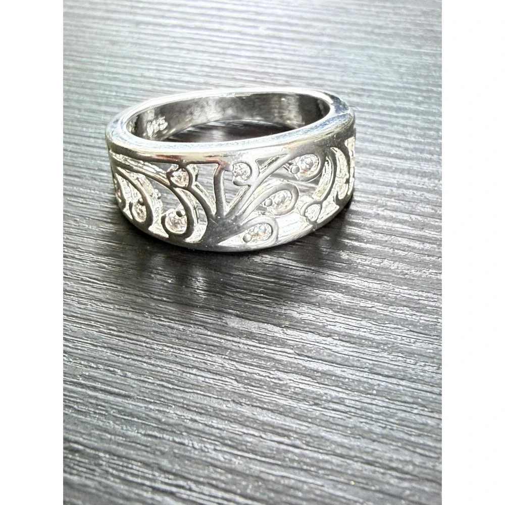 Filigree Band Ring Womens Size 9 Silver 925 Cubic Zirconia Scroll